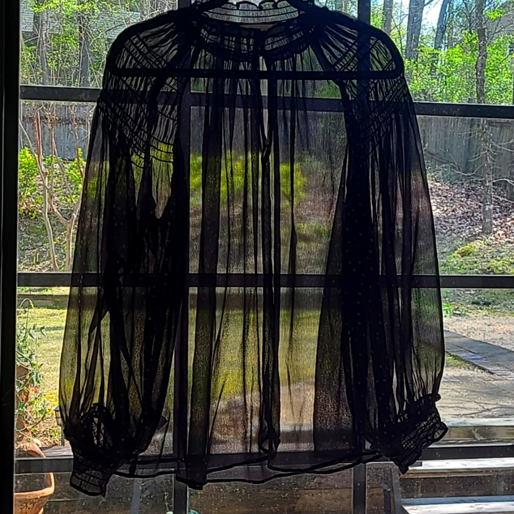Loft XL long sleeve gauzy transparent black gold polk dot blouse, puff sleeves